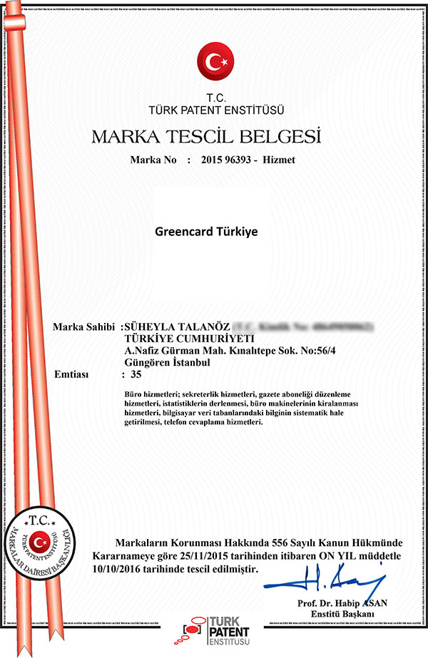 Green Card Türkiye Marka Tesil Belgesi